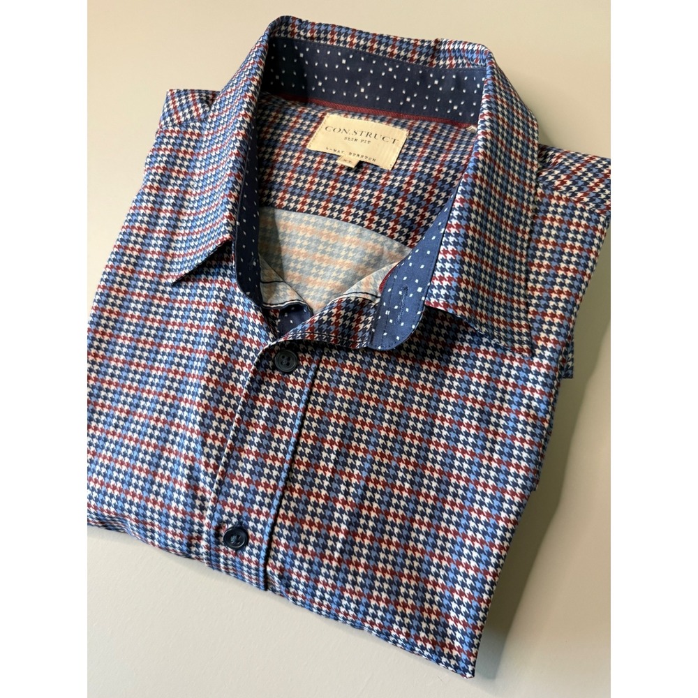 Con.Struct Mens XL Slim Fit 4-Way Stretch Houndstooth Button Down Shirt Blue Red